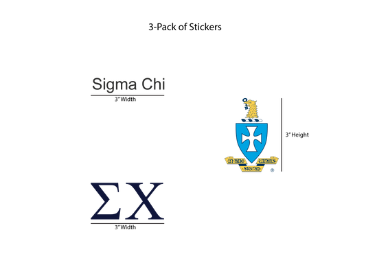 Packaging of Sigma Chi stickers with logo and text on a white background