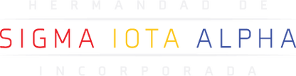 Text 'HERMANDADE DE SIGMA IOTA ALPHA INCORPORAÓDA' in red, yellow, and blue on a white background