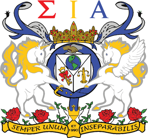 Coat of arms with two griffins, a globe, and text on a blue background