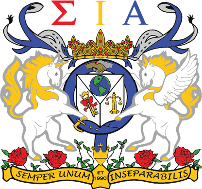 Coat of arms with two griffins, a globe, and text on a blue background
