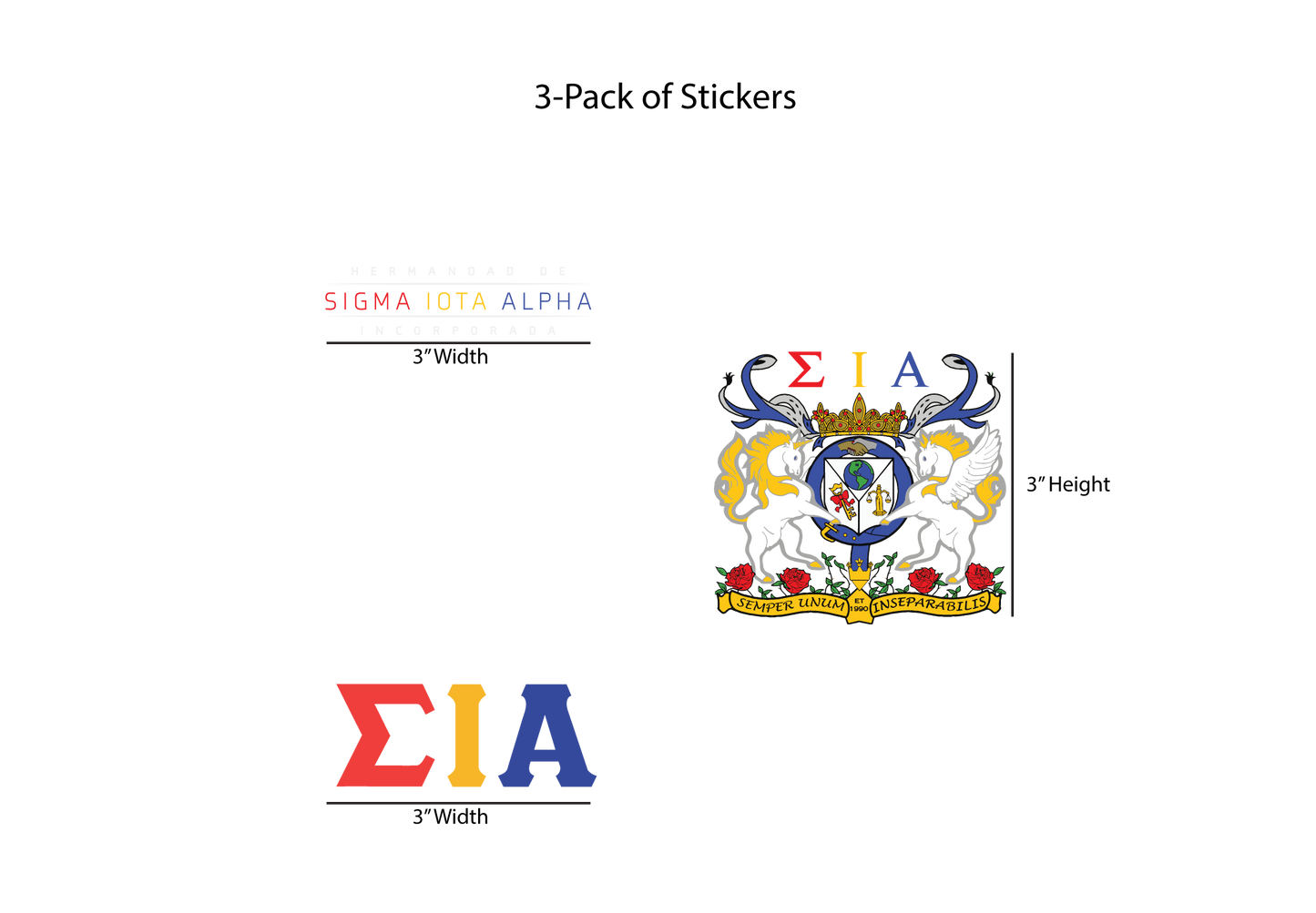 Packaging of Sigma Iota Alpha stickers with dimensions on a white background