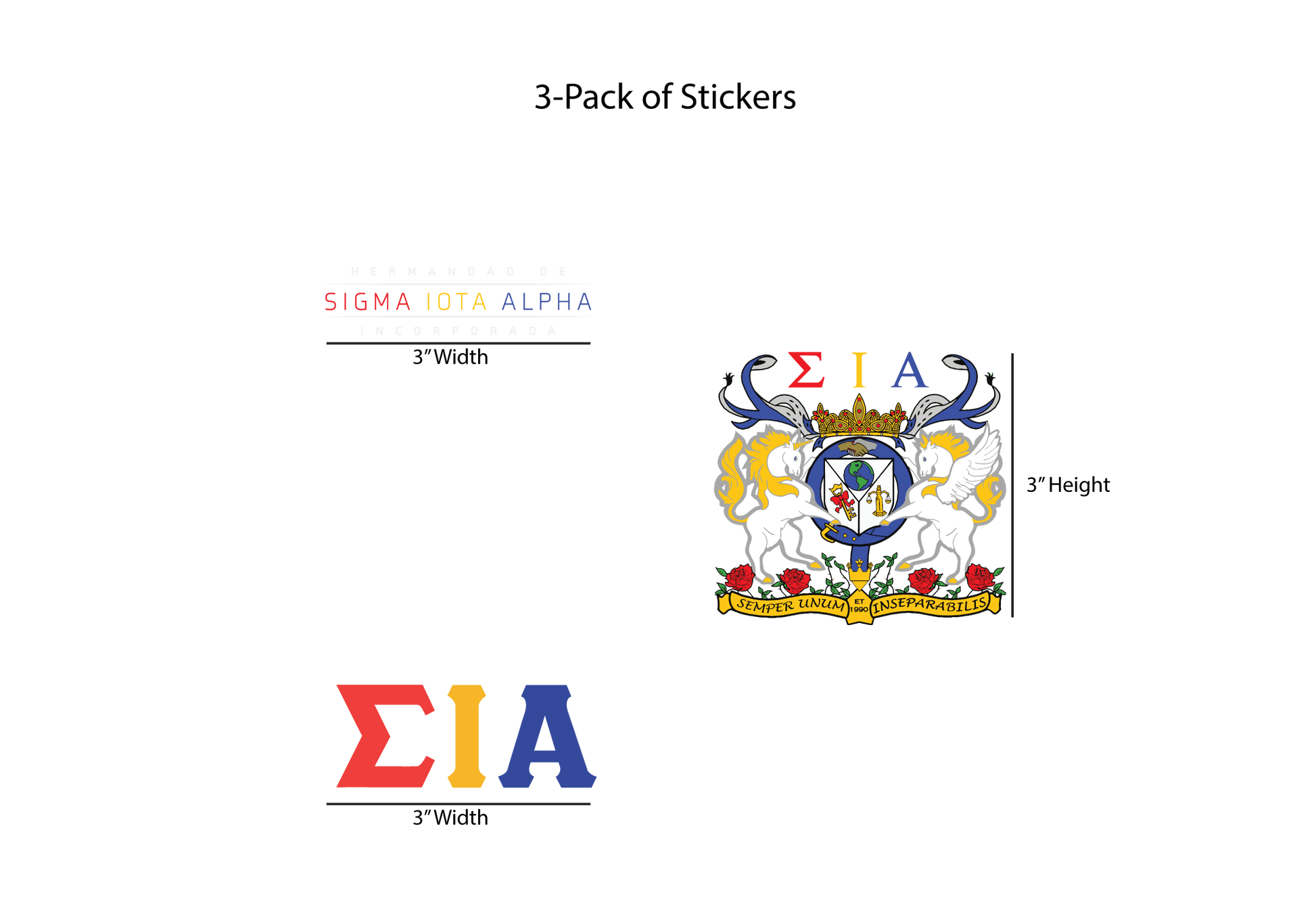 Packaging of Sigma Iota Alpha stickers with dimensions on a white background