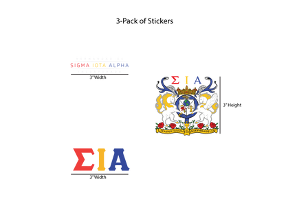 Packaging of Sigma Iota Alpha stickers with dimensions on a white background