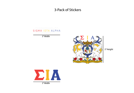 Packaging of Sigma Iota Alpha stickers with dimensions on a white background