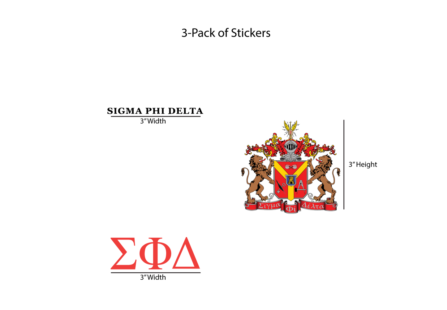 Packaging of Sigma Phi Delta stickers with logo and text on a white background