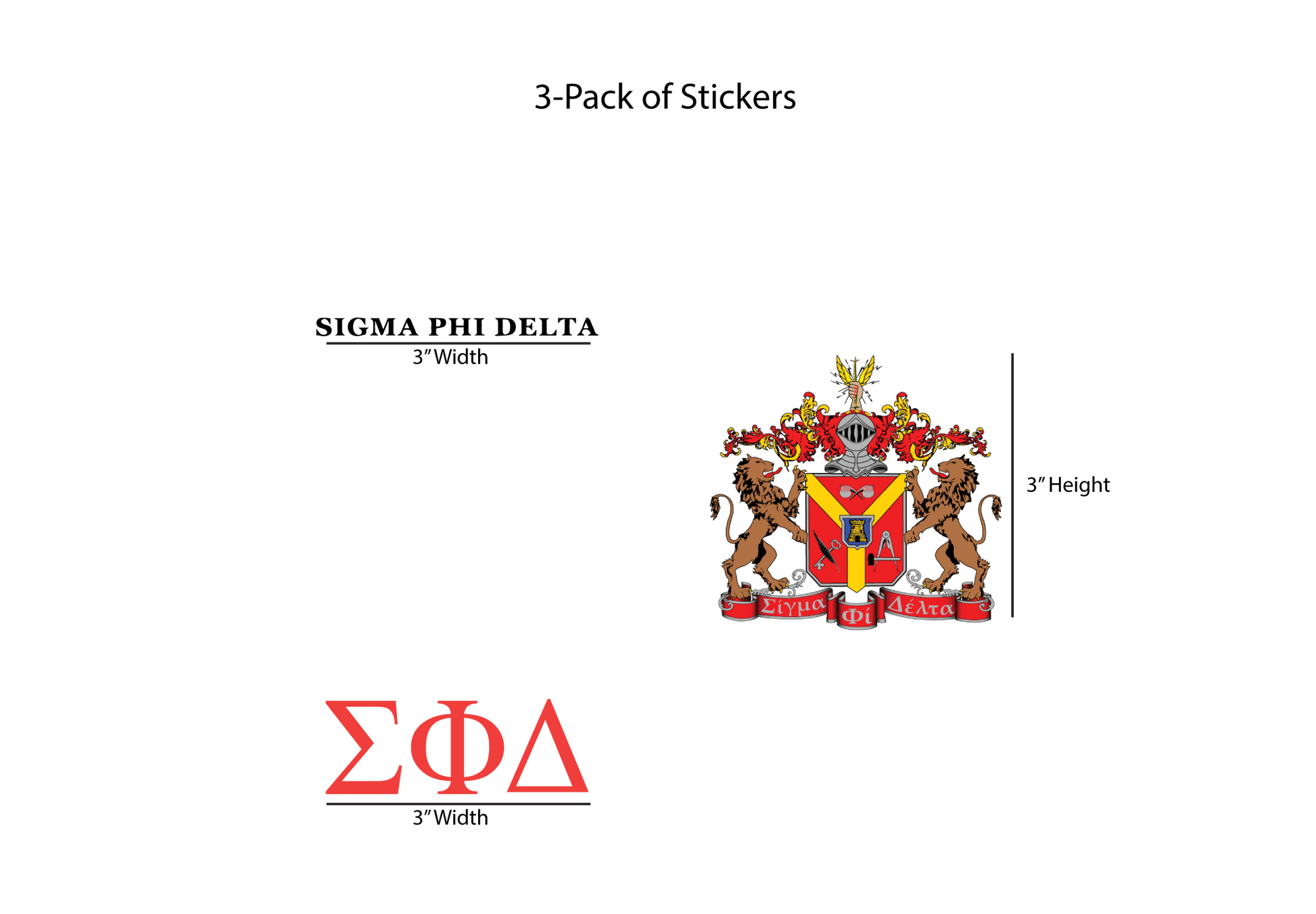 Packaging of Sigma Phi Delta stickers with logo and text on a white background