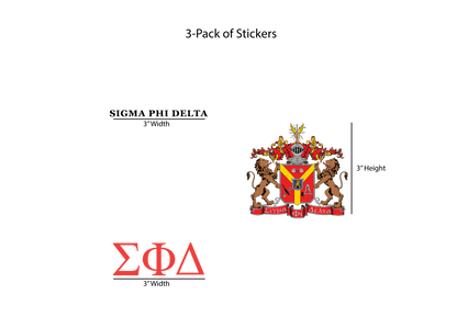 Packaging of Sigma Phi Delta stickers with logo and text on a white background
