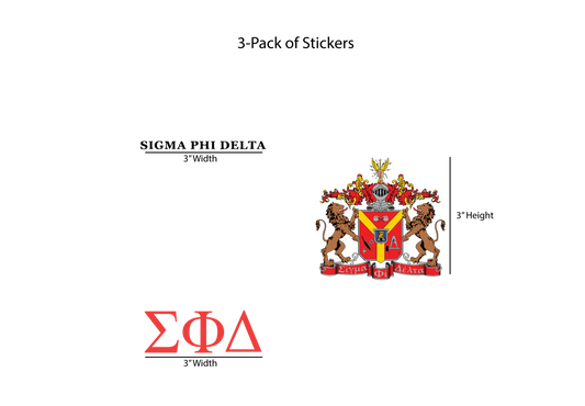 Packaging of Sigma Phi Delta stickers with logo and text on a white background