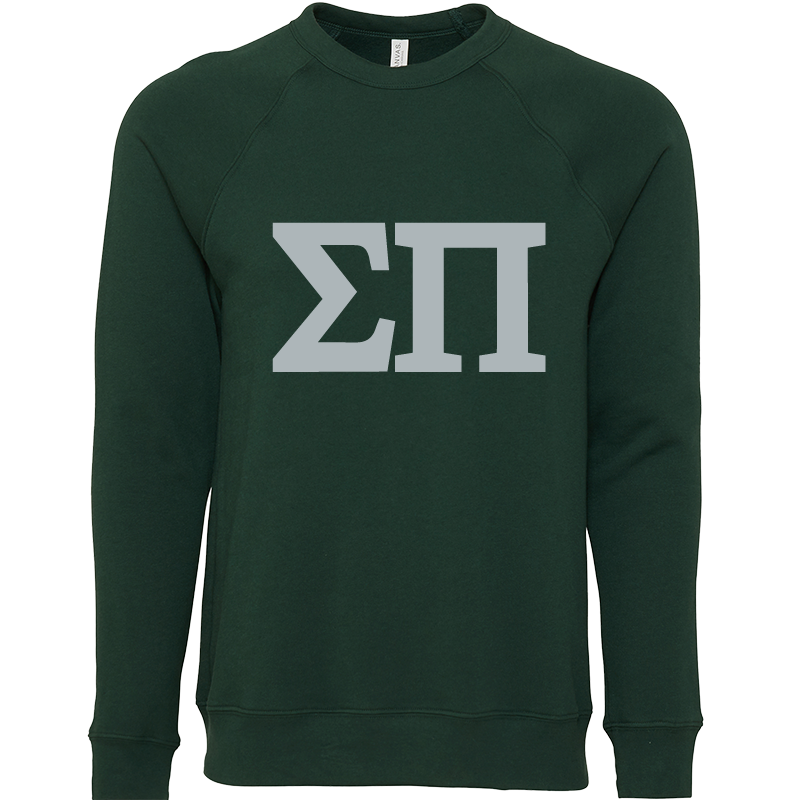 Green sweatshirt with white Greek letters on a white background