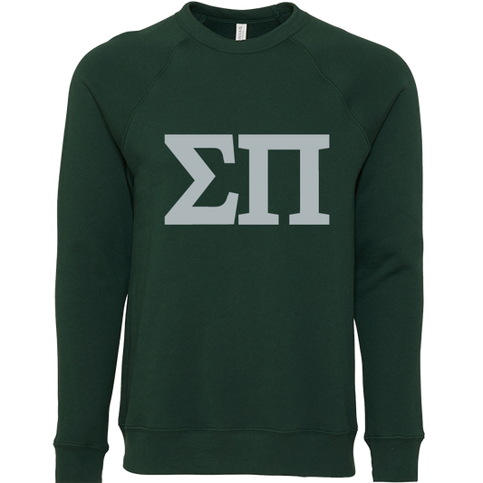 Green sweatshirt with white Greek letters on a white background