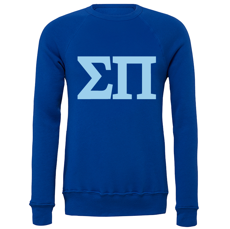 Blue sweatshirt with white Greek letters on a white background