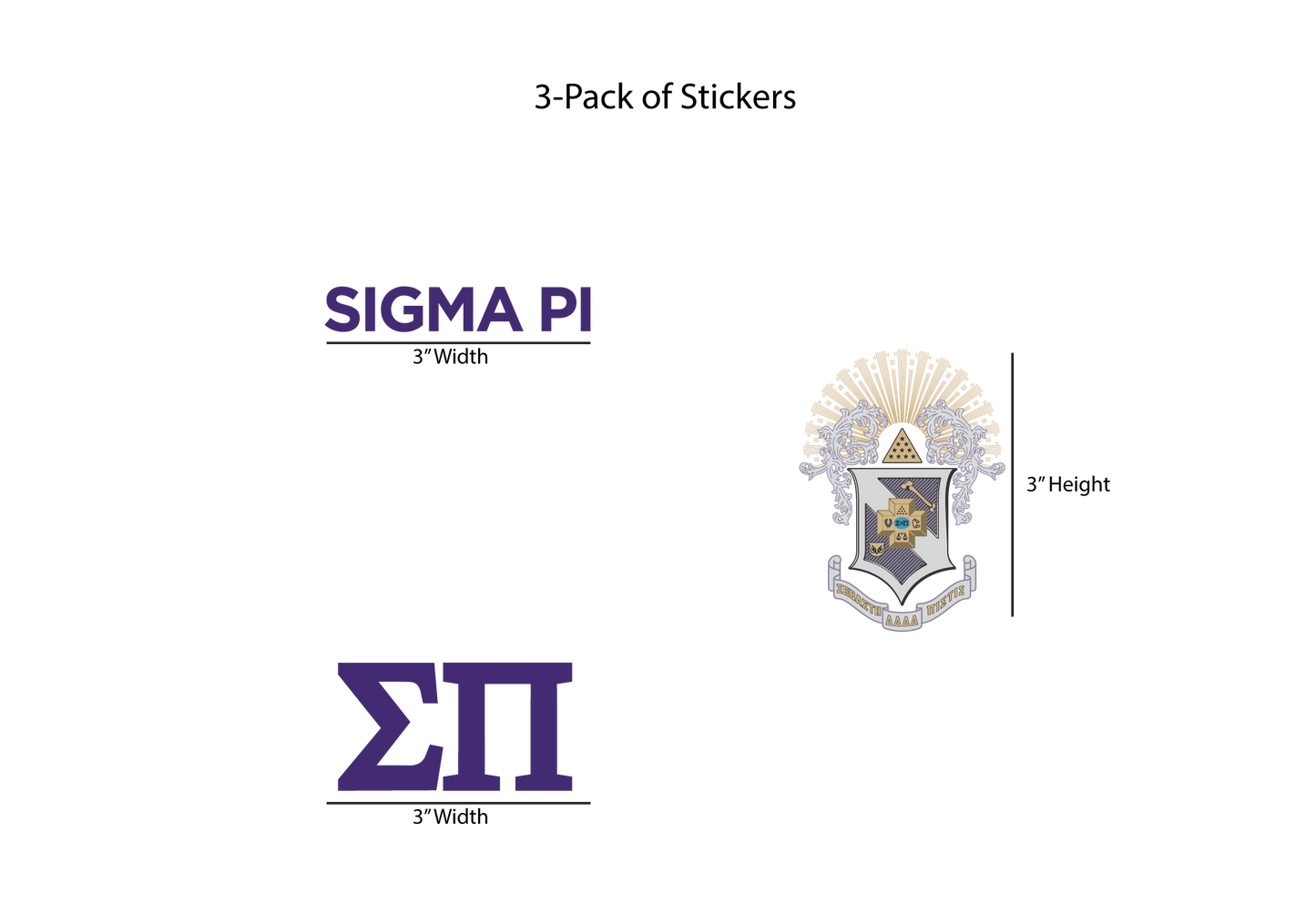 Packaging for a 3-pack of Sigma Pi stickers with text and logo dimensions.