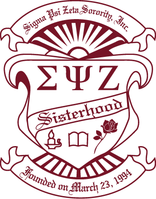 Sigma Psi Zeta Sorority, Inc. emblem with symbols and text.