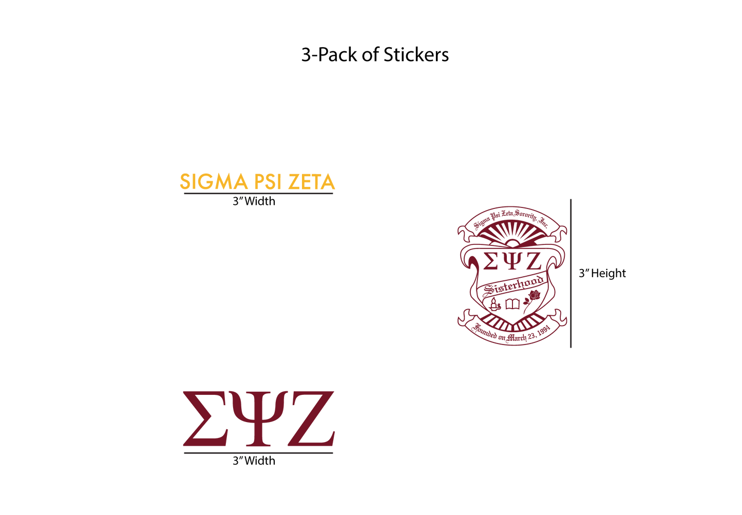 Three-pack of stickers with Sigma Psi Zeta logo on a white background