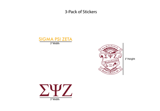 Three-pack of stickers with Sigma Psi Zeta logo on a white background
