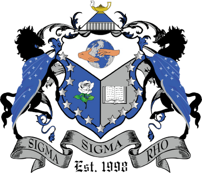 Sigma Rho fraternity crest with two lions, a globe, and a rose on a white background.