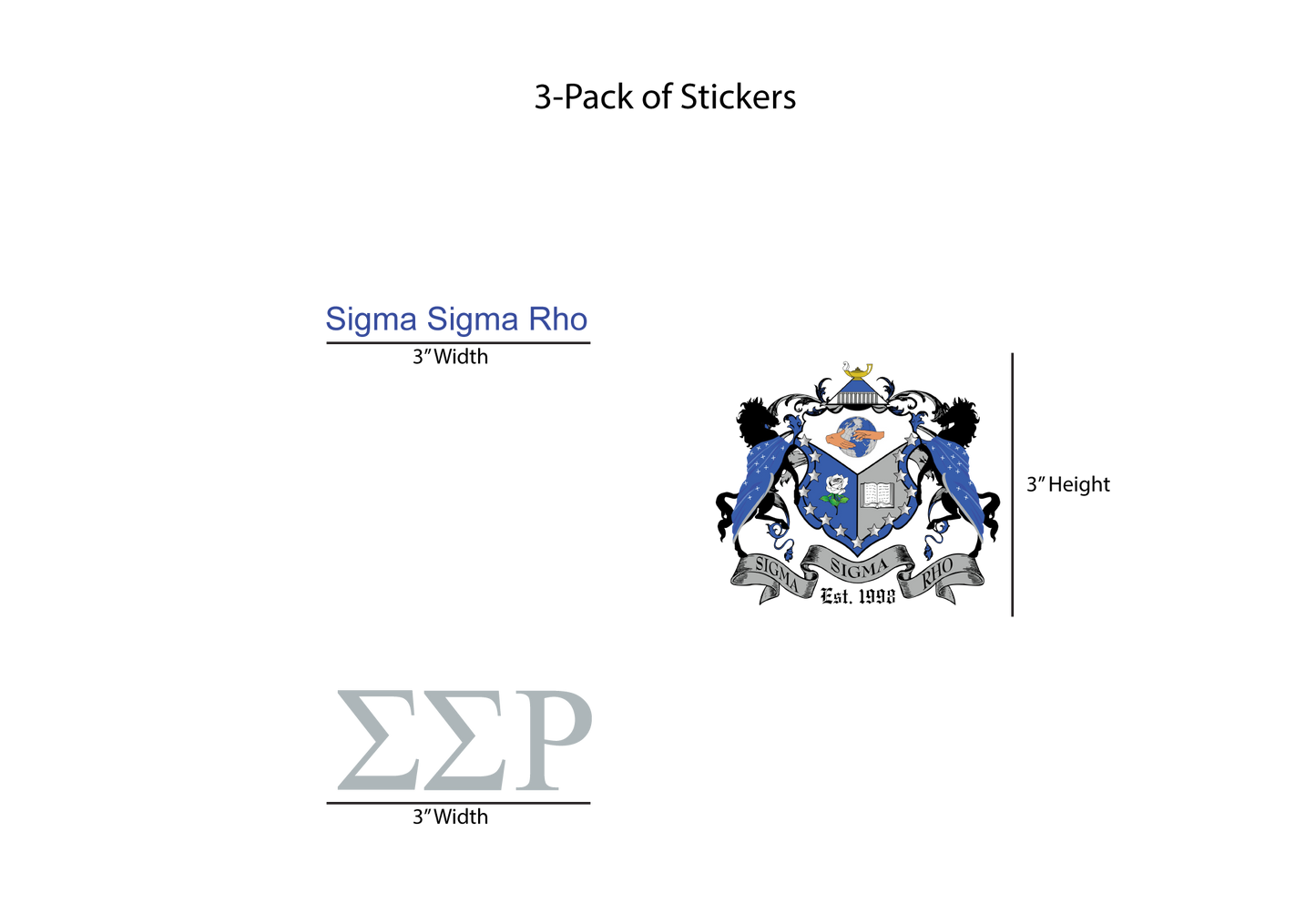 Packaging for a 3-pack of Sigma Sigma Rho stickers with logo and text on a white background.