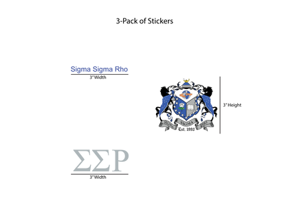 Packaging for a 3-pack of Sigma Sigma Rho stickers with logo and text on a white background.
