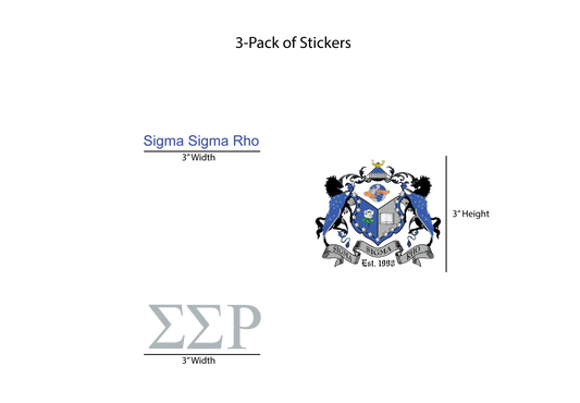 Packaging for a 3-pack of Sigma Sigma Rho stickers with logo and text on a white background.