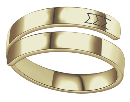 A polished gold open-band ring with the Greek letters Alpha, Epsilon, and Phi engraved on the top band, shown on a plain white background.