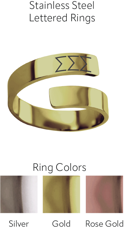 A polished stainless steel lettered ring with the Greek letters Sigma Sigma Sigma engraved, shown on a white background with text reading 'Stainless Steel Lettered Rings' and a 'Ring Colors' swatch bar below showing Silver, Gold, and Rose Gold.