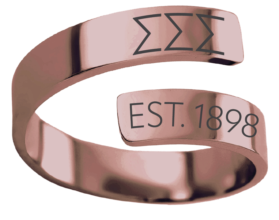 A polished rose gold open band ring engraved with the Sigma Sigma Alpha Greek letter sigma sigma sigma and 'EST. 1898' on a white background.