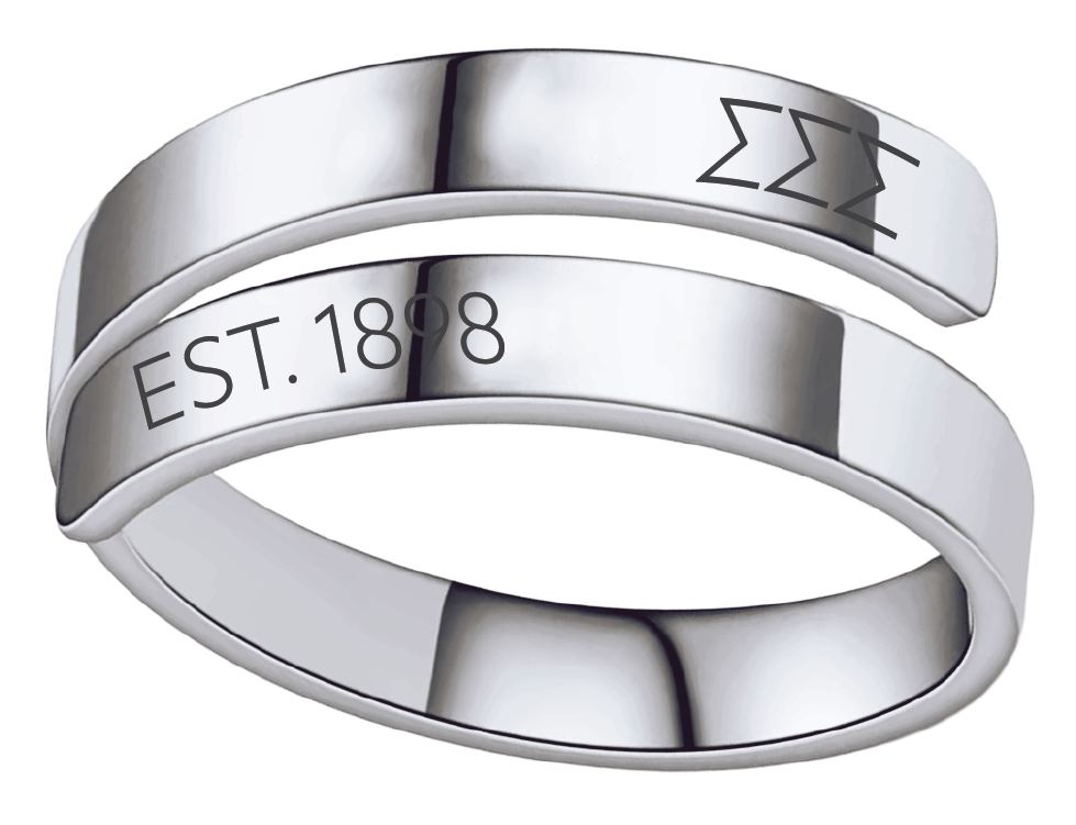 A polished silver-tone open band ring with engraved text reading 'EST. 1898' on one band and a Sigma Sigma symbol on the other, shown on a plain white background.