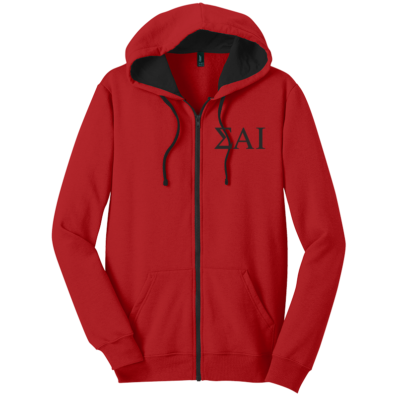 A red zip-up hoodie with a black interior hood lining, black drawstrings, a black front zipper, and a black printed Greek letter 'ΣΡ' on the left chest, displayed on a solid white background.