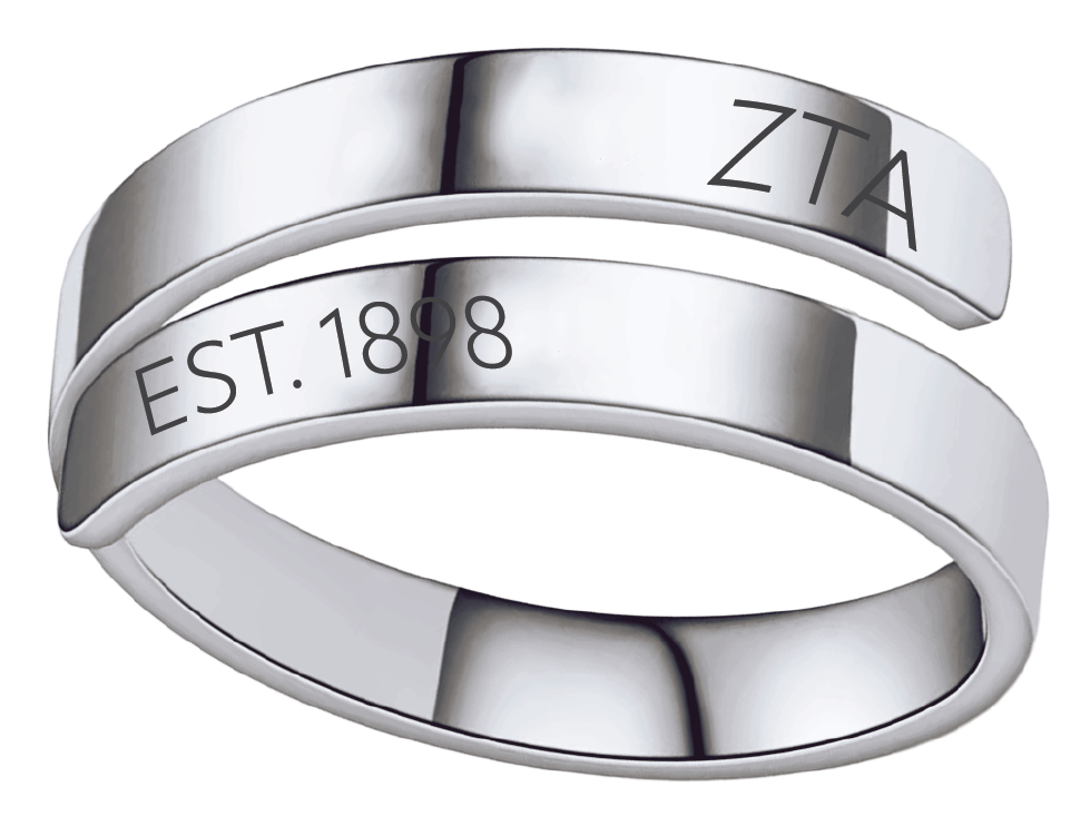 A polished silver-toned open band ring with engraved text reading 'ZTA' and 'EST. 1898' on a clean white background.