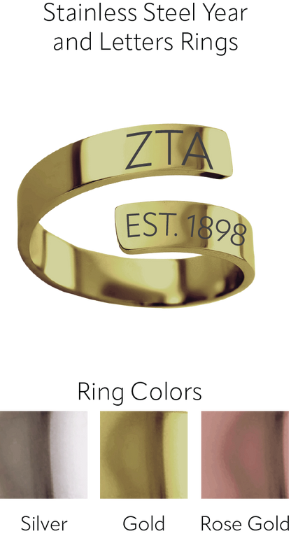 A gold-toned open band ring with engraved symbols and the text 'EST. 1893' on a white background, with text reading 'Stainless Steel Year and Letters Rings' above and 'Ring Colors' above three color swatches labeled Silver, Gold, and Rose Gold.
