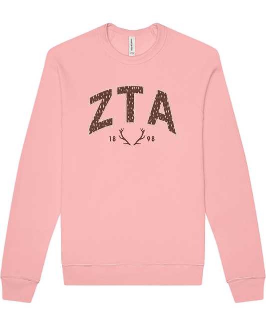 Zeta Tau Alpha Fawn Print Varsity Crewneck