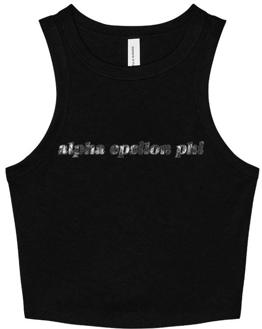 A black sleeveless tank top with the text 'alpha epsilon phi' printed across the chest in a textured, metallic silver font. The shirt is displayed flat against a solid white background.