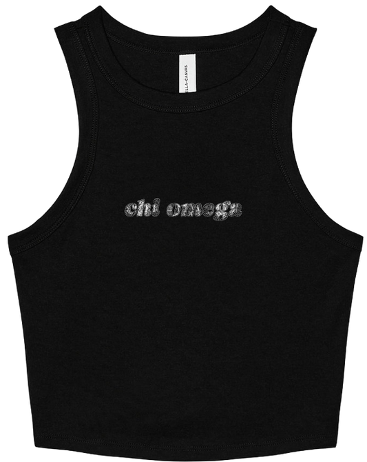 A black sleeveless crop tank top with 'chi omega' printed across the chest in a textured silver font, shown flat against a white background.