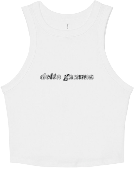 A white sleeveless tank top with 'delta gamma' printed across the chest in a textured, distressed black font, displayed on a solid white background.