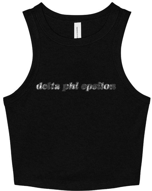 A black sleeveless tank top with 'delta phi epsilon' printed across the chest in a textured silver font, shown against a plain white background.