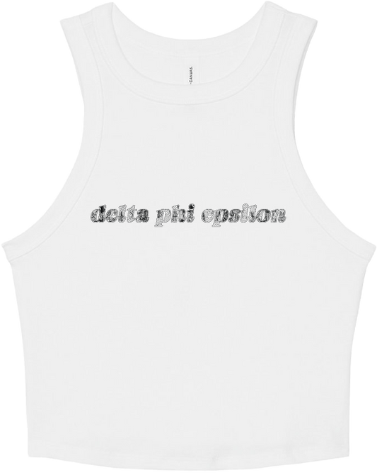 A white sleeveless tank top with the text 'delta phi epsilon' printed across the chest in a black-and-white patterned font, shown on a plain white background.
