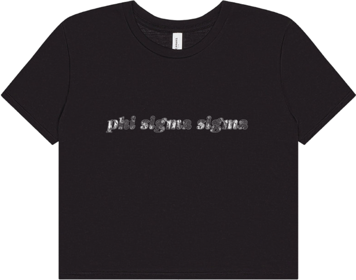 A black short-sleeve crewneck t-shirt featuring the text 'phi sigma sigma' printed across the chest in a textured silver glitter pattern, displayed on a clean white background.