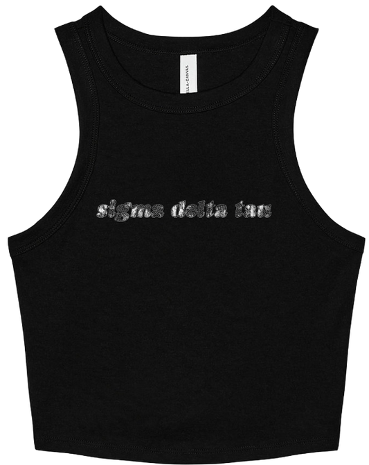 A black sleeveless crop top tank with 'sigma delta tau' printed across the chest in a textured silver font, shown flat against a white background.