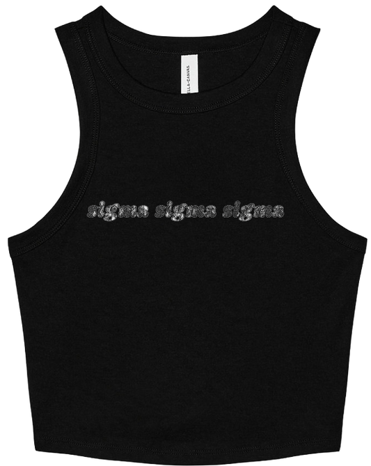 A black sleeveless crop tank top featuring the word 'sigma' repeated in a textured silver font across the chest, displayed on a clean white background.