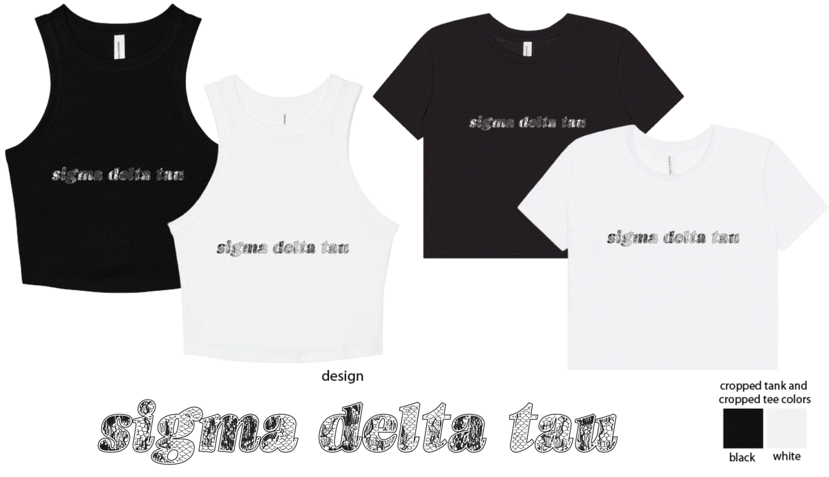 Sigma Delta Tau lace name apparel in tee and tank styles