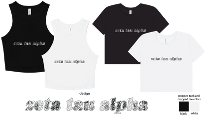 Zeta Tau Alpha tanks and cropped tees