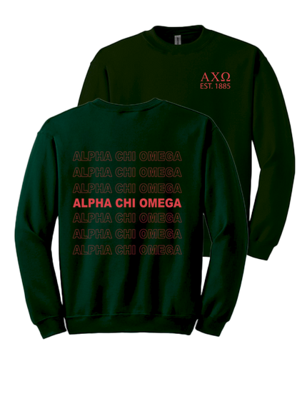 Alpha Chi Omega Repeating Name Crewneck Sweatshirts